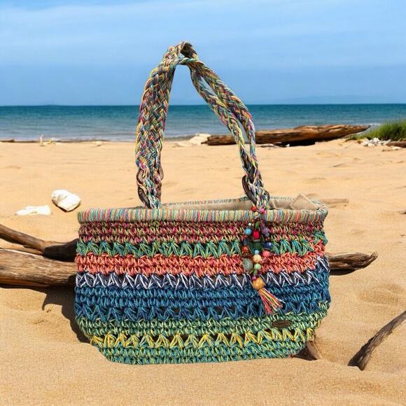 Cappelli Straworld Woven Rafia Beaded Shouder Bag Colorful Boho Beach Summer - Picture 1 of 10